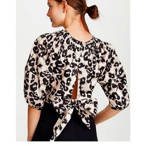 Rebecca Taylor Leopard Tie-Back Puff Sleeve Top - Black & Cream